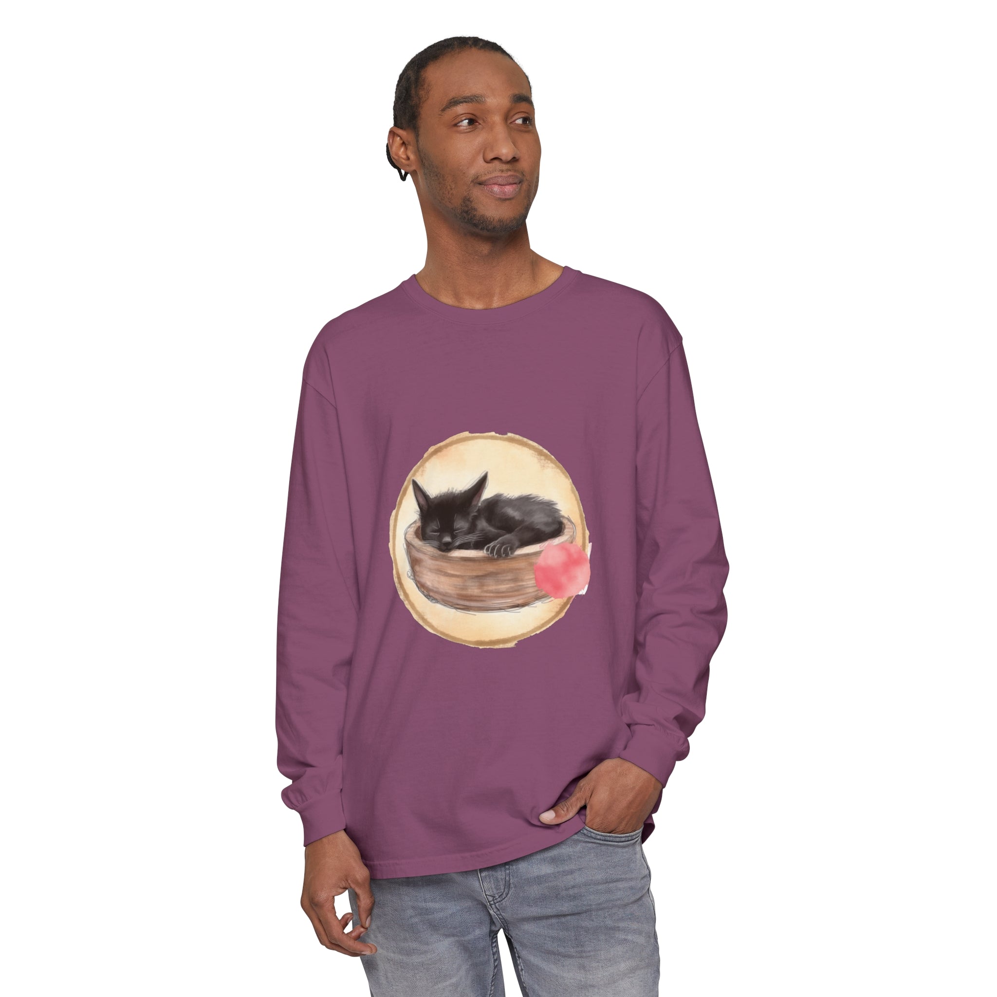 Watercolor long sleeve t-shirt featuring a sleeping cat in a bowl