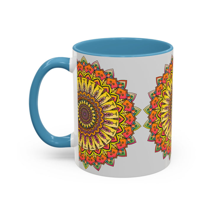 Vibrant and colorful mandala art on a grey background coffee mug