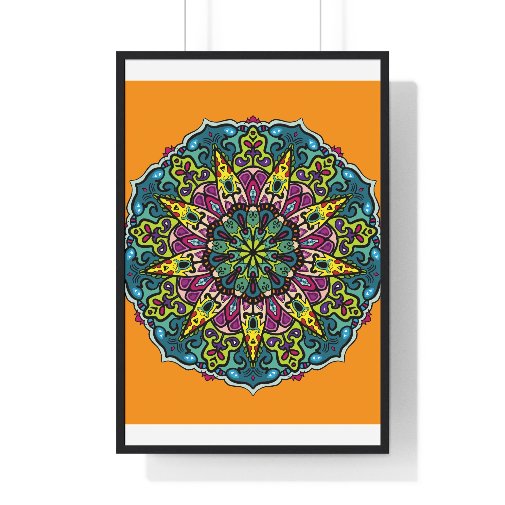 Vertical framed poster featuring a hand-drawn orange mandala, perfect for mindfulness and yoga decor