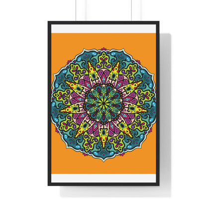 Vertical framed poster featuring a hand-drawn orange mandala, perfect for mindfulness and yoga decor