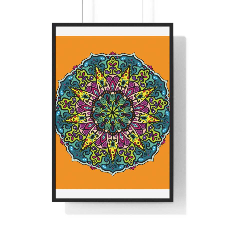 Vertical framed poster featuring a hand-drawn orange mandala, perfect for mindfulness and yoga decor
