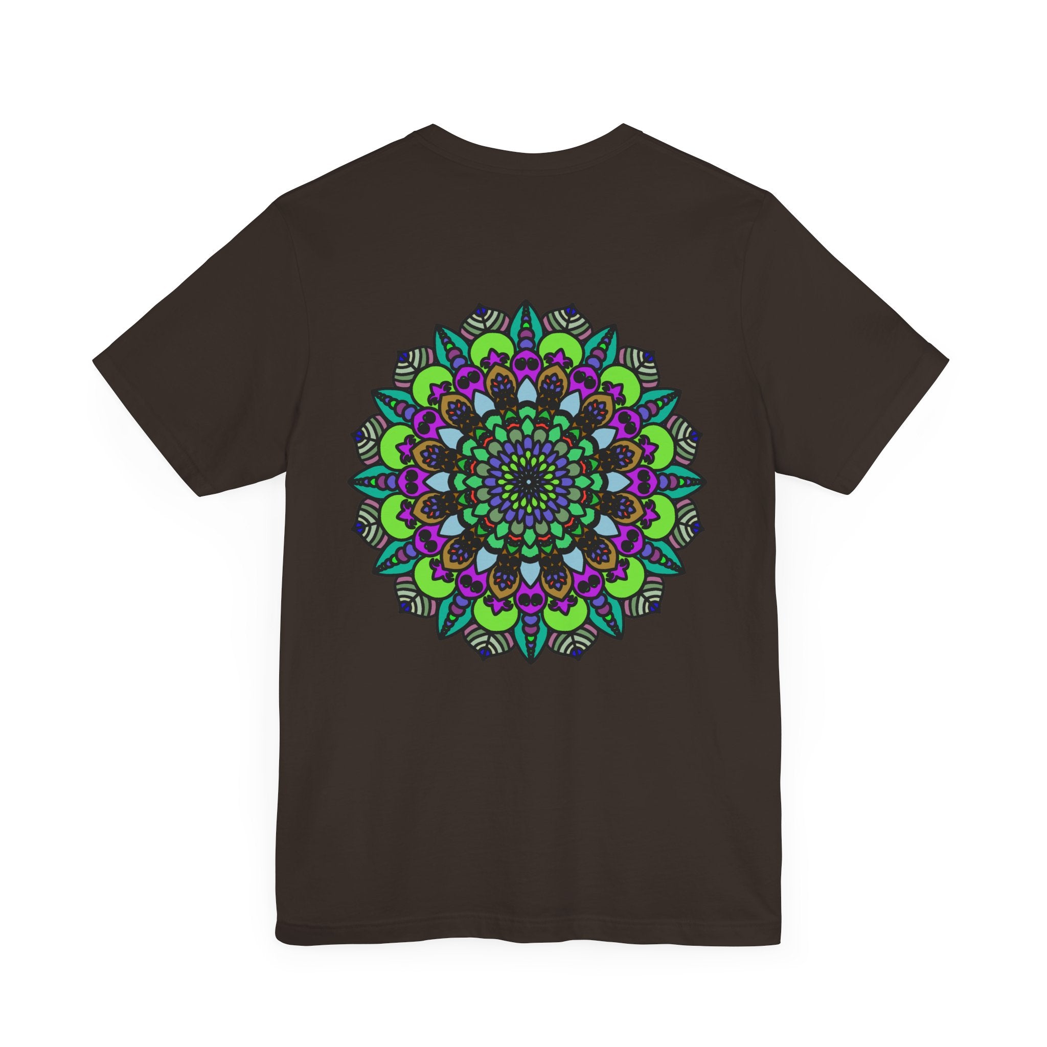 A colorful mandala design tee shirt with the words Peace and Spiritual Harmony symbolizing inner peace and balance