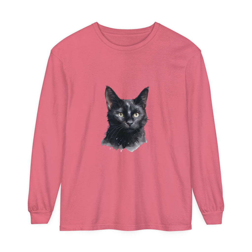 Black Cat Watercolor long sleeve unisex t-shirt with vibrant watercolor design