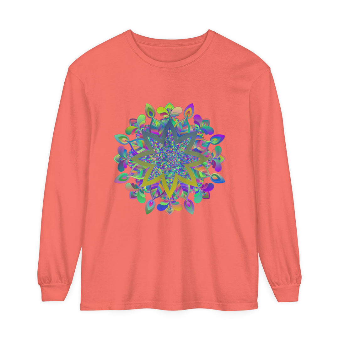 Vibrant and intricate mandala design on a unisex long sleeve t-shirt