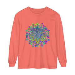 Vibrant and intricate mandala design on a unisex long sleeve t-shirt