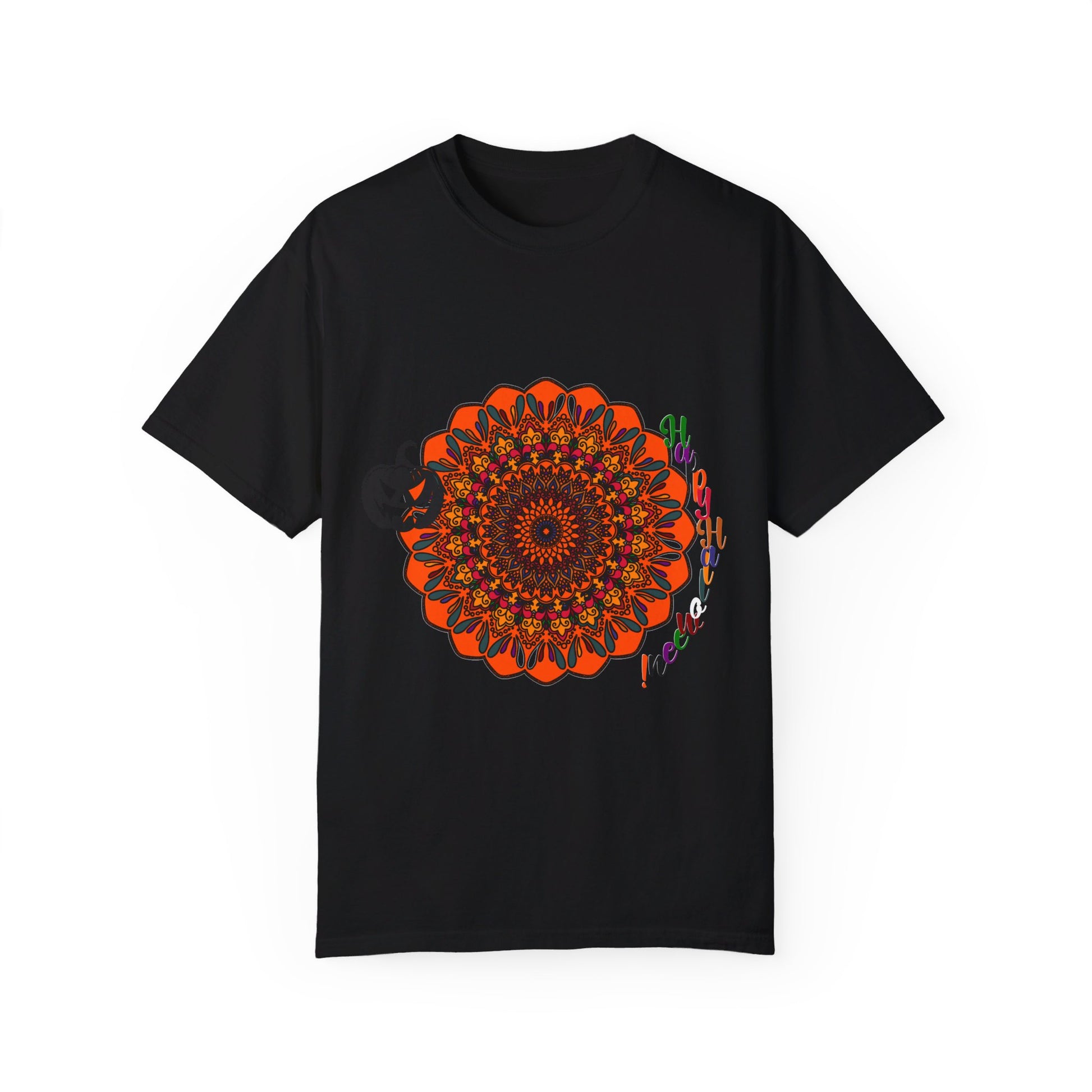 A close-up image of a unisex t-shirt featuring a handmade pumpkin mandala design