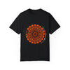 A close-up image of a unisex t-shirt featuring a handmade pumpkin mandala design