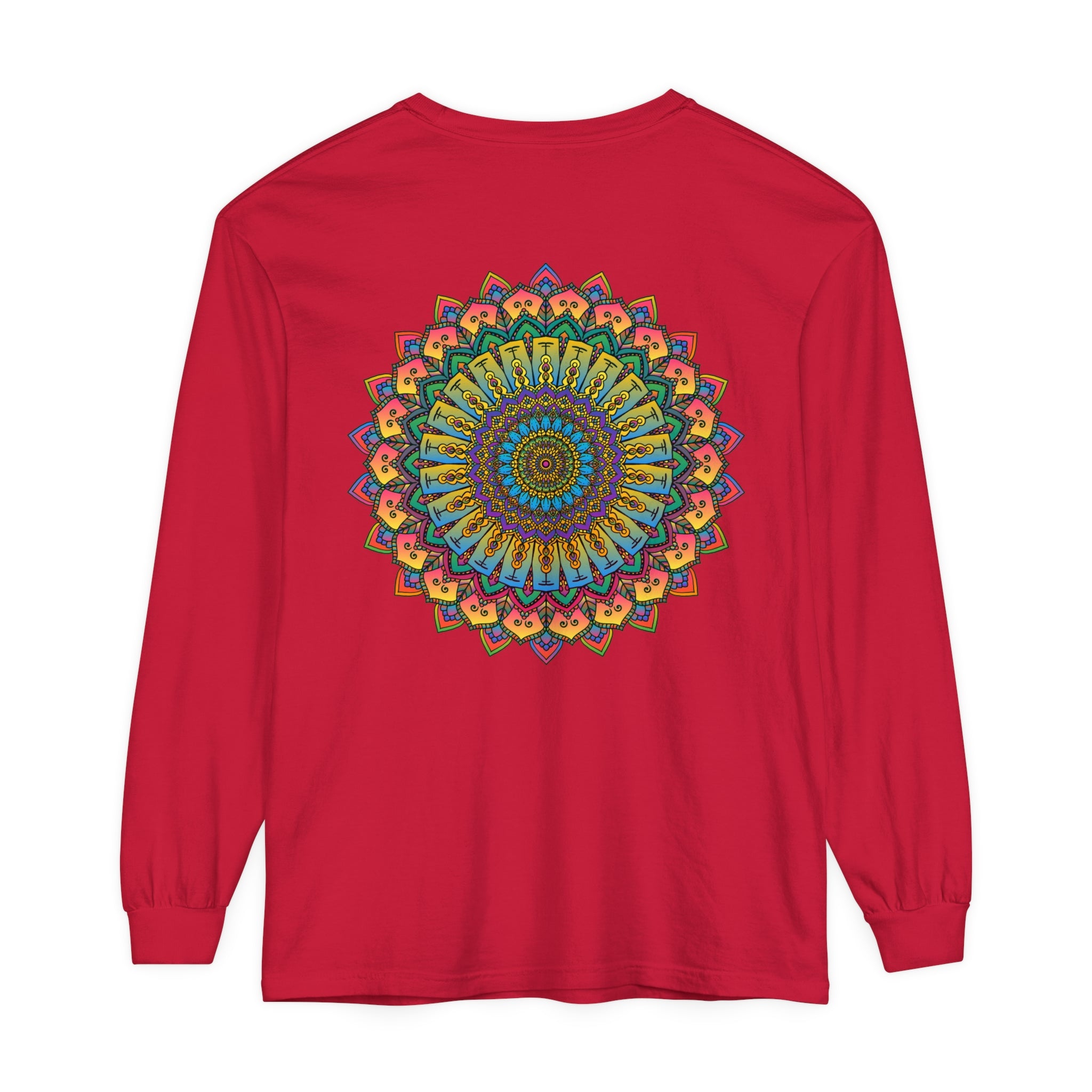 A close-up image of a intricately designed mandala unisex long sleeve t-shirt in vibrant colors