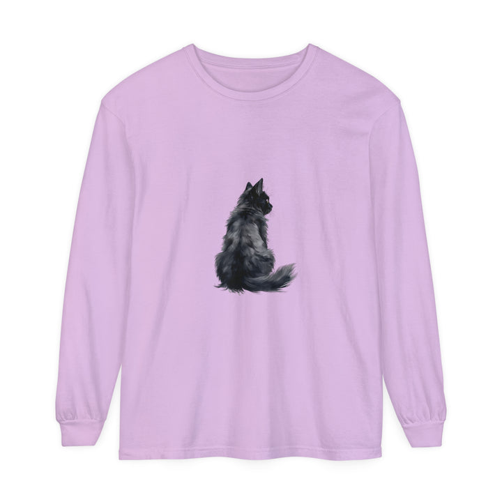 A black cat silhouette printed on a unisex long sleeve t-shirt