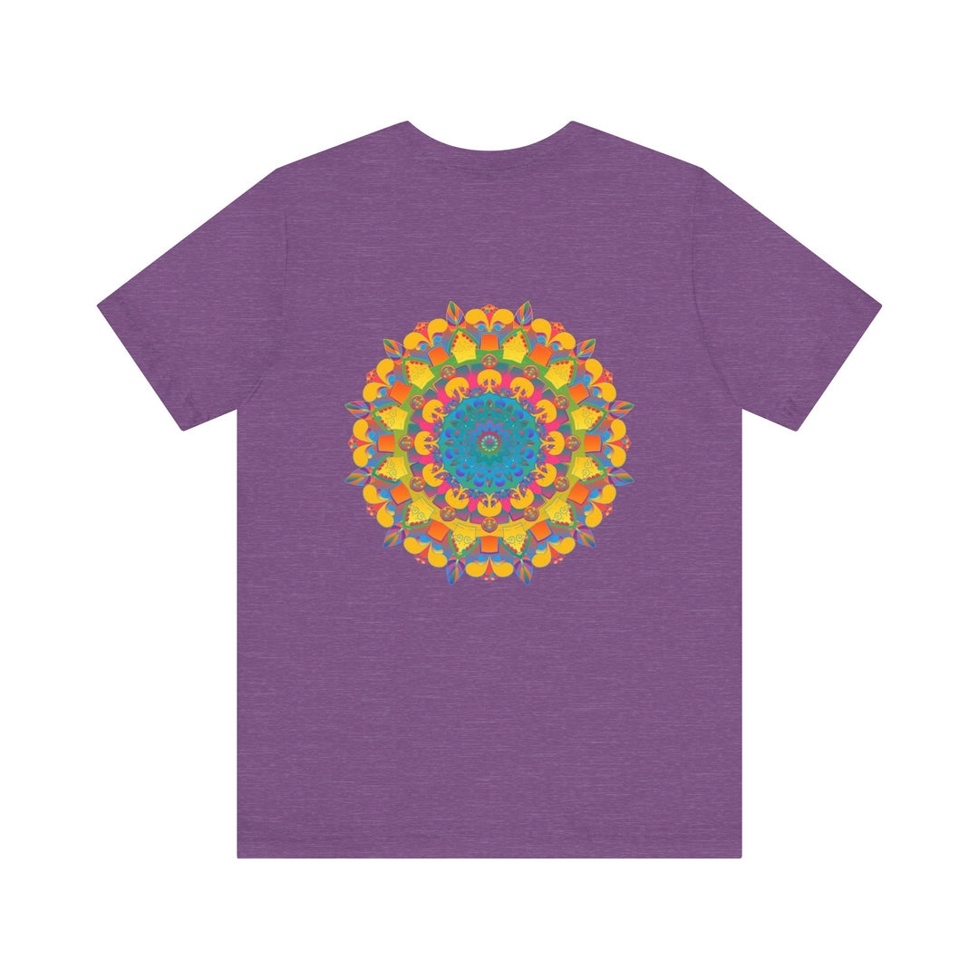 A colorful and intricate mandala design featuring symbols of peace and harmony on a vibrant t-shirt