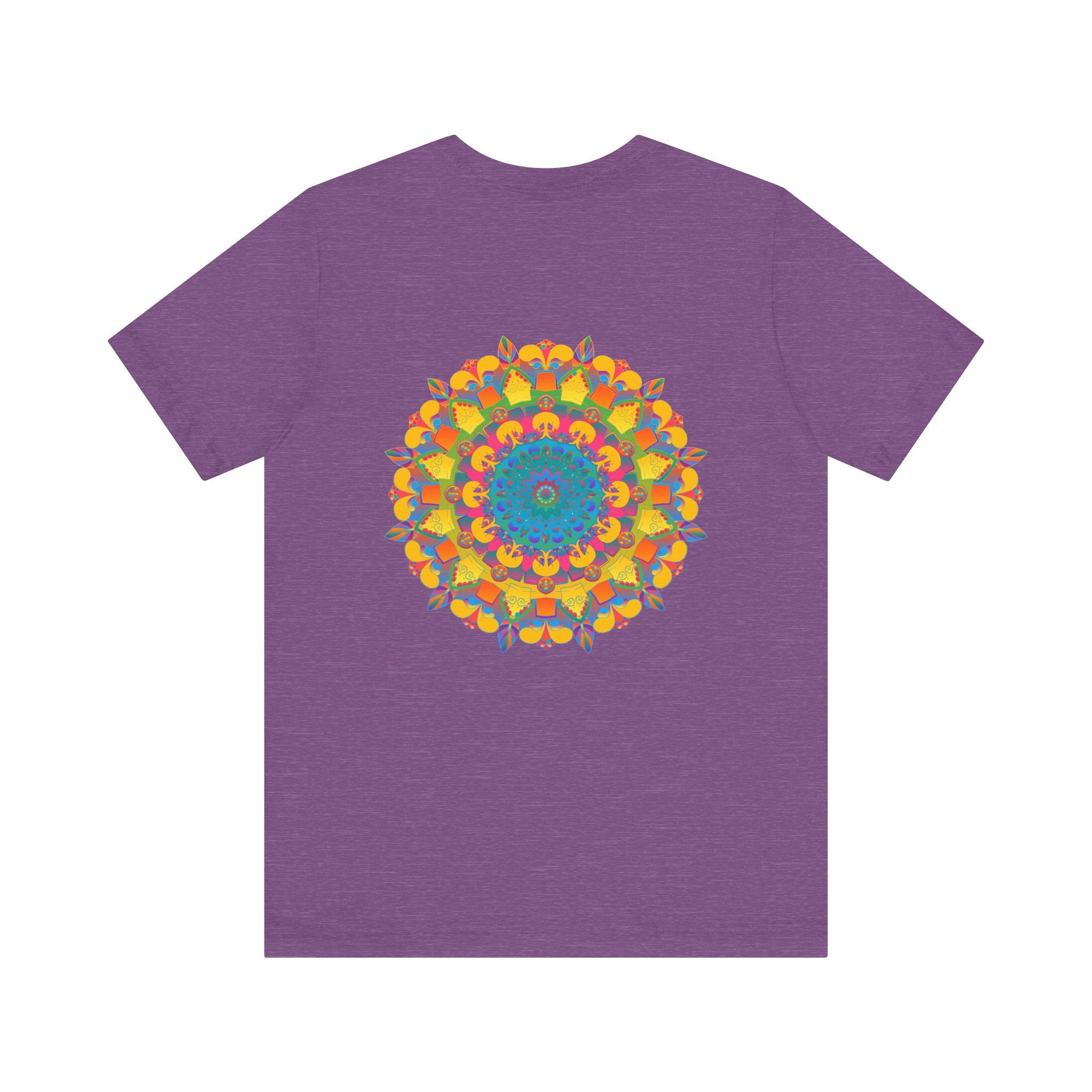 A colorful and intricate mandala design featuring symbols of peace and harmony on a vibrant t-shirt