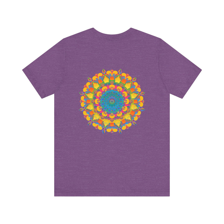 A colorful and intricate mandala design featuring symbols of peace and harmony on a vibrant t-shirt