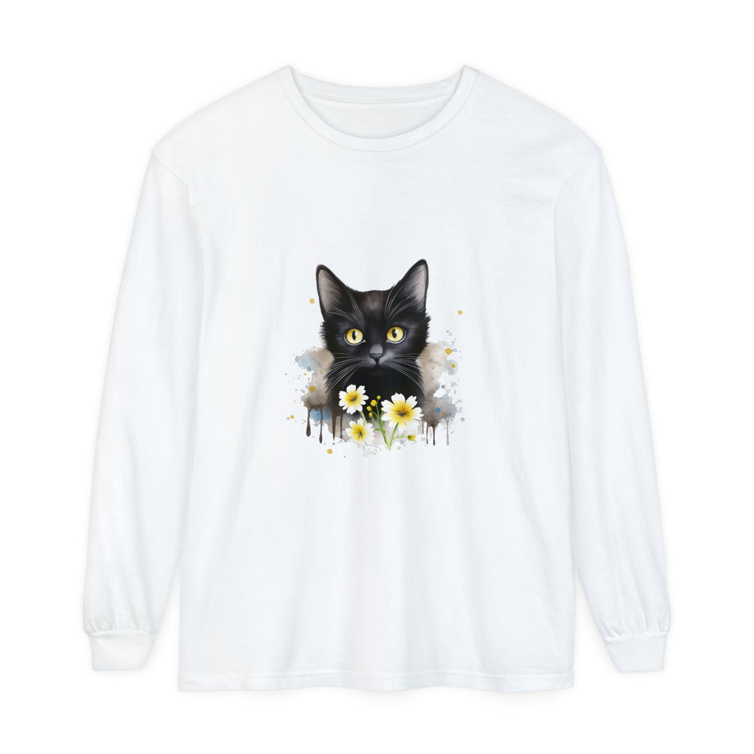 A colorful watercolor floral design featuring a black cat on a unisex t-shirt