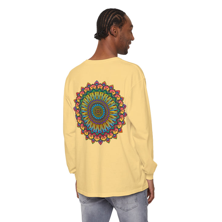 Intricate mandala design in purple and blue on unisex long sleeve t-shirt