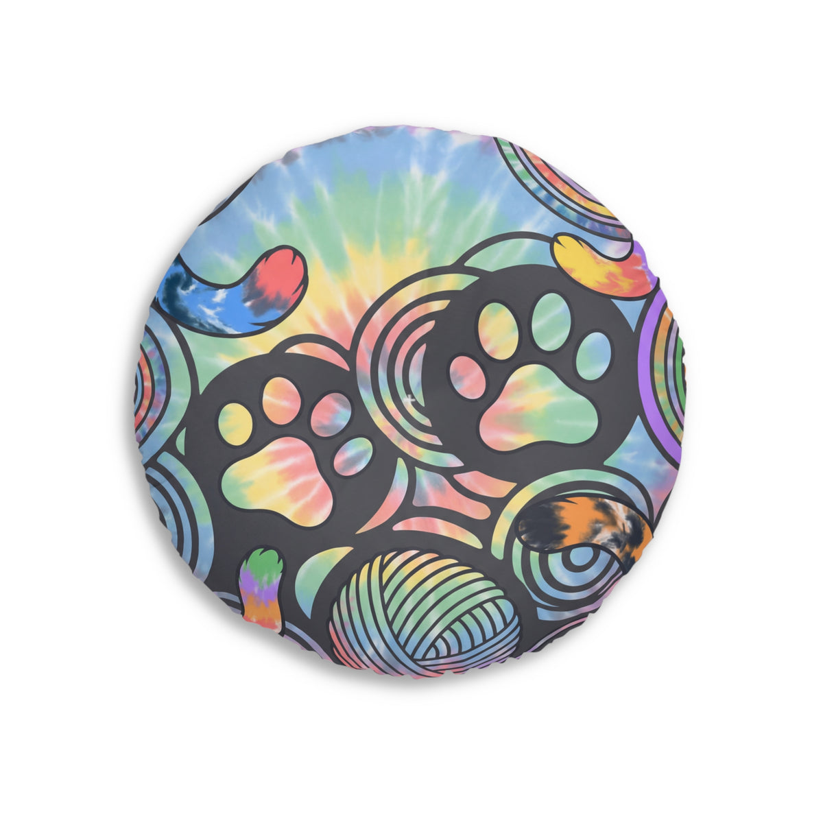 Purrfectly Cozy Cat Floor Pillow — Tie-Dye Round Cushion