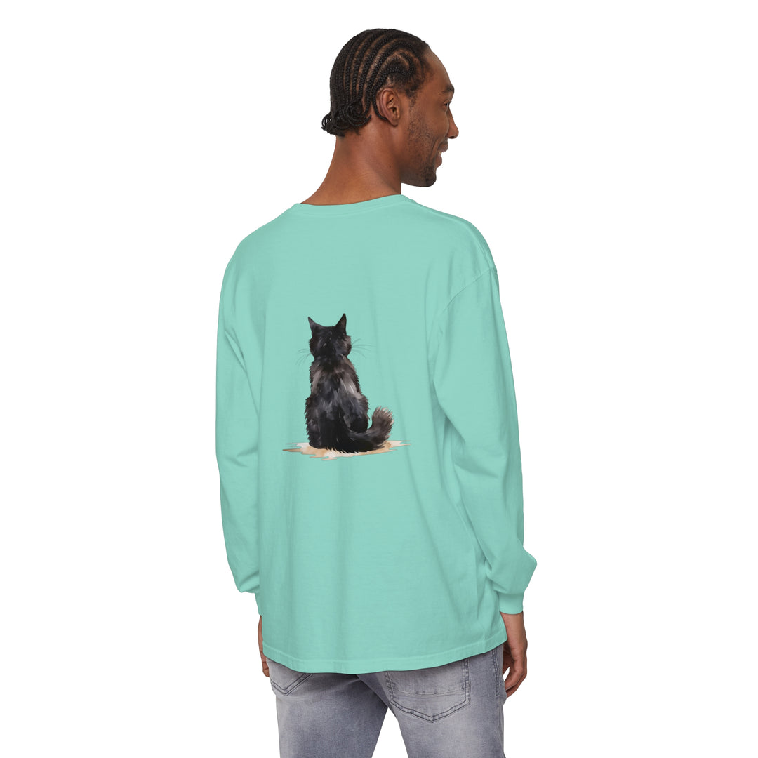 Black Cat Watercolor Unisex Long Sleeve T-Shirt with vibrant, hand-painted feline design