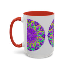 Beautiful purple mandala design adorning a grey ceramic mug - vibrant and eye-catching