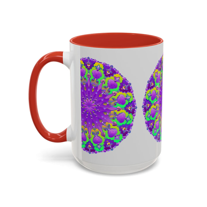 Beautiful purple mandala design adorning a grey ceramic mug - vibrant and eye-catching