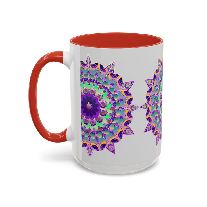 Beautiful light grey mug with vibrant mandala art design, perfect for enjoying your favorite hot beverages in style