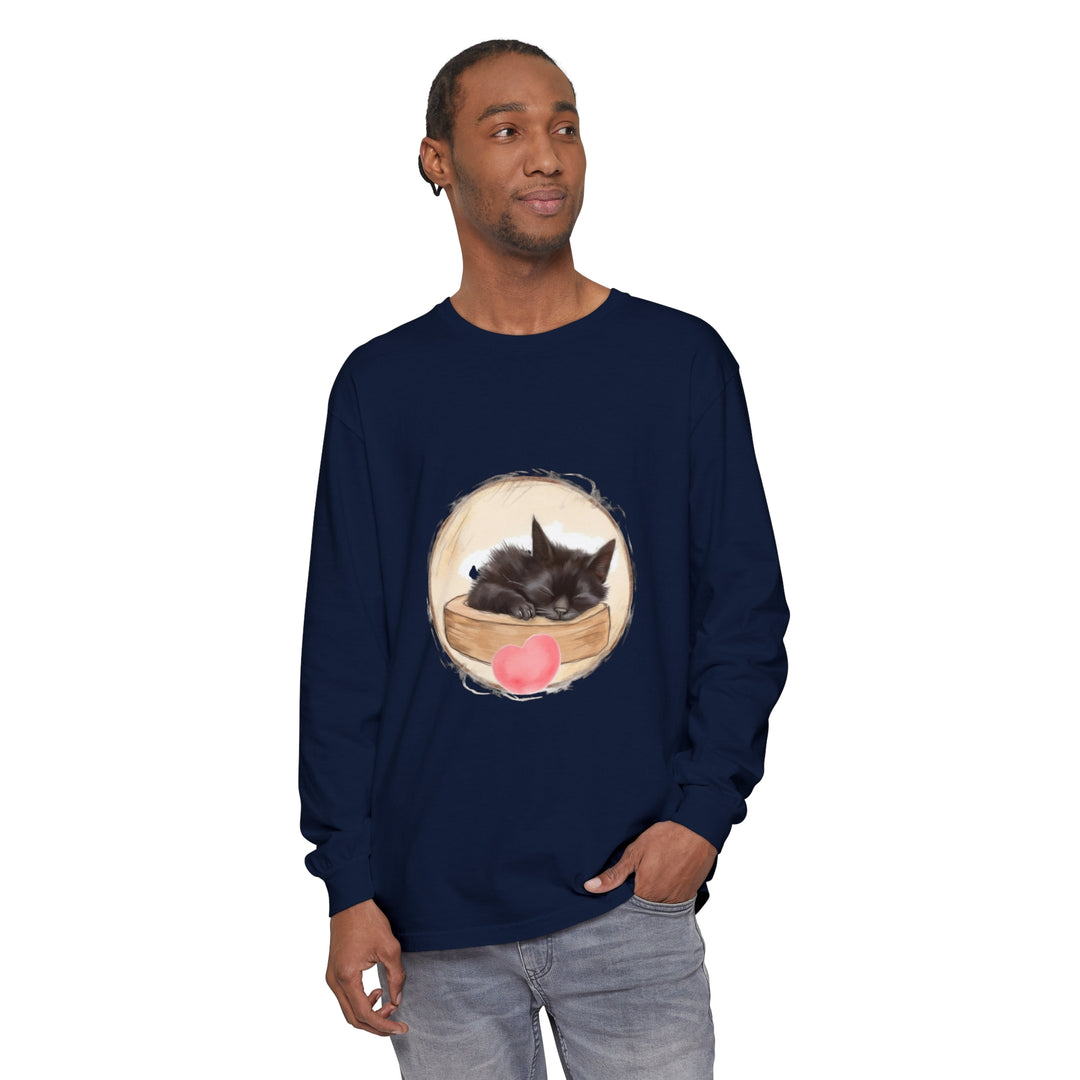 A cute and cozy unisex t-shirt featuring an adorable sleeping kitten design