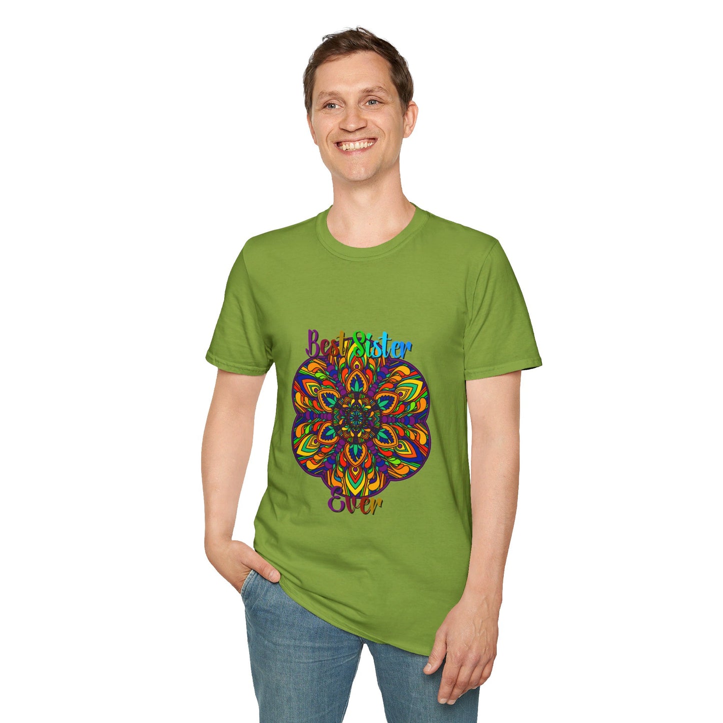 Beautiful mandala art gift for sister, featuring softstyle t-shirt with hand-drawn design