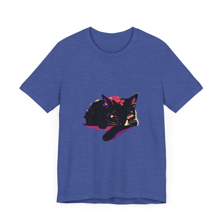 A close-up image of a Black Cat Mystery Colorful Sleep T-Shirt featuring a vibrant and eye-catching design of a black cat surrounded by colorful floral patterns, perfect for a cozy and stylish night's sleep