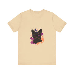 A close-up image of a black t-shirt with a mysterious black cat design and vibrant purple eyes