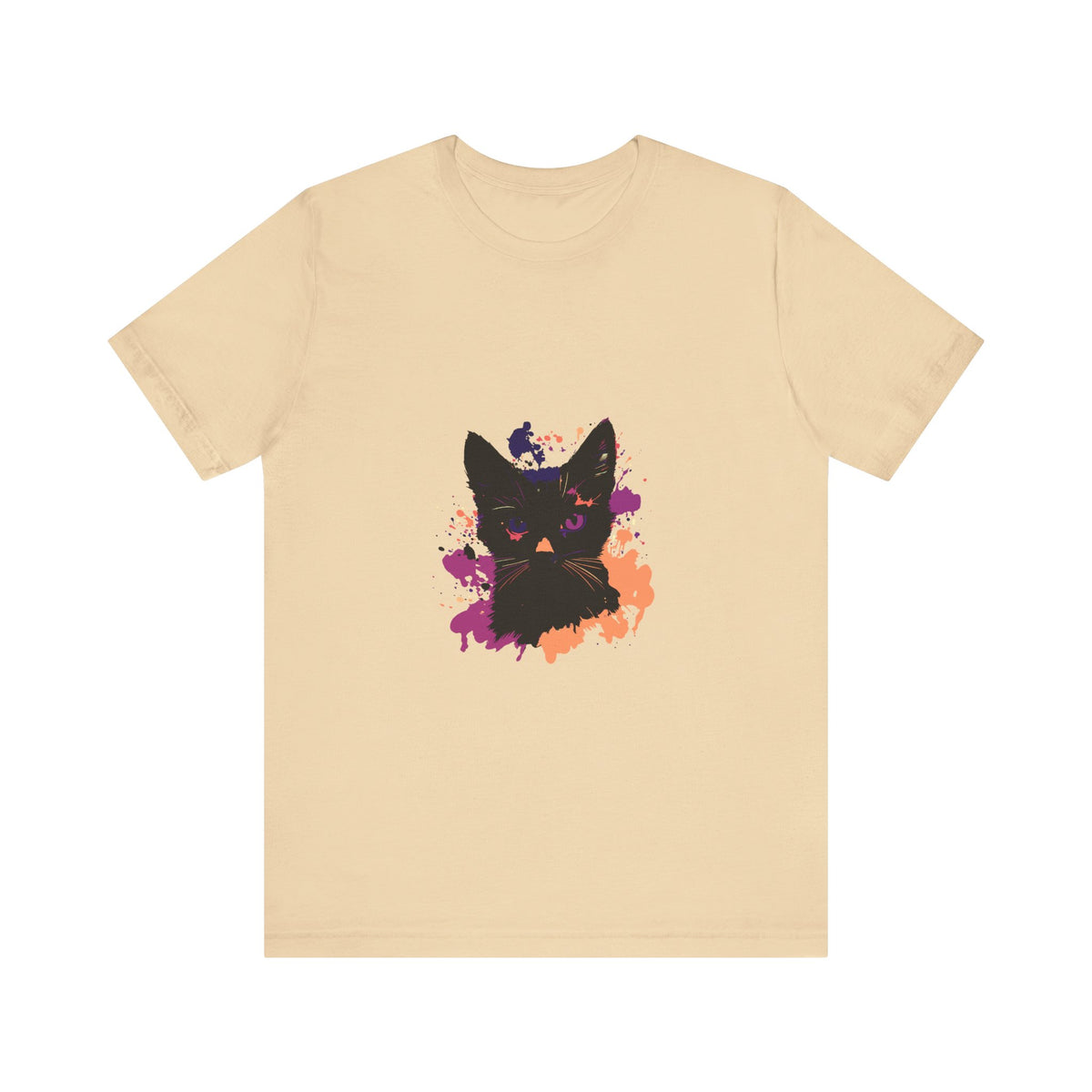 A close-up image of a black t-shirt with a mysterious black cat design and vibrant purple eyes