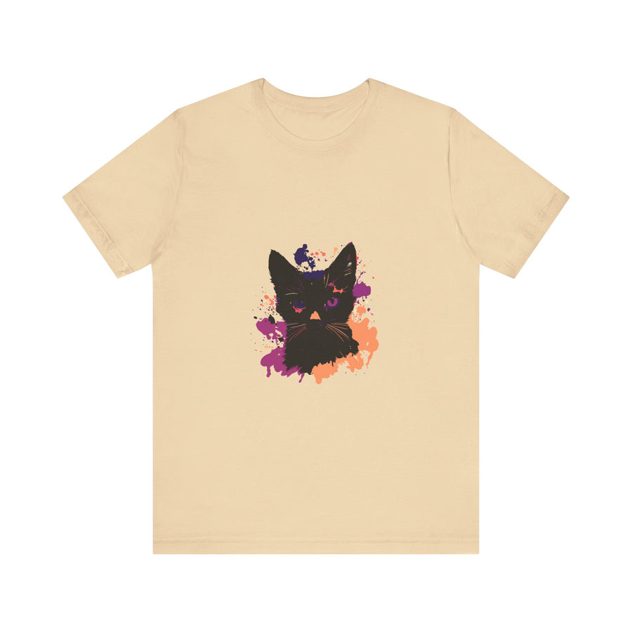 A close-up image of a black t-shirt with a mysterious black cat design and vibrant purple eyes