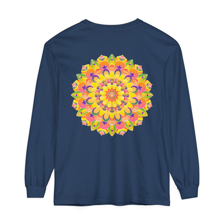 Colorful and intricate mandala design on a unisex long sleeve t-shirt