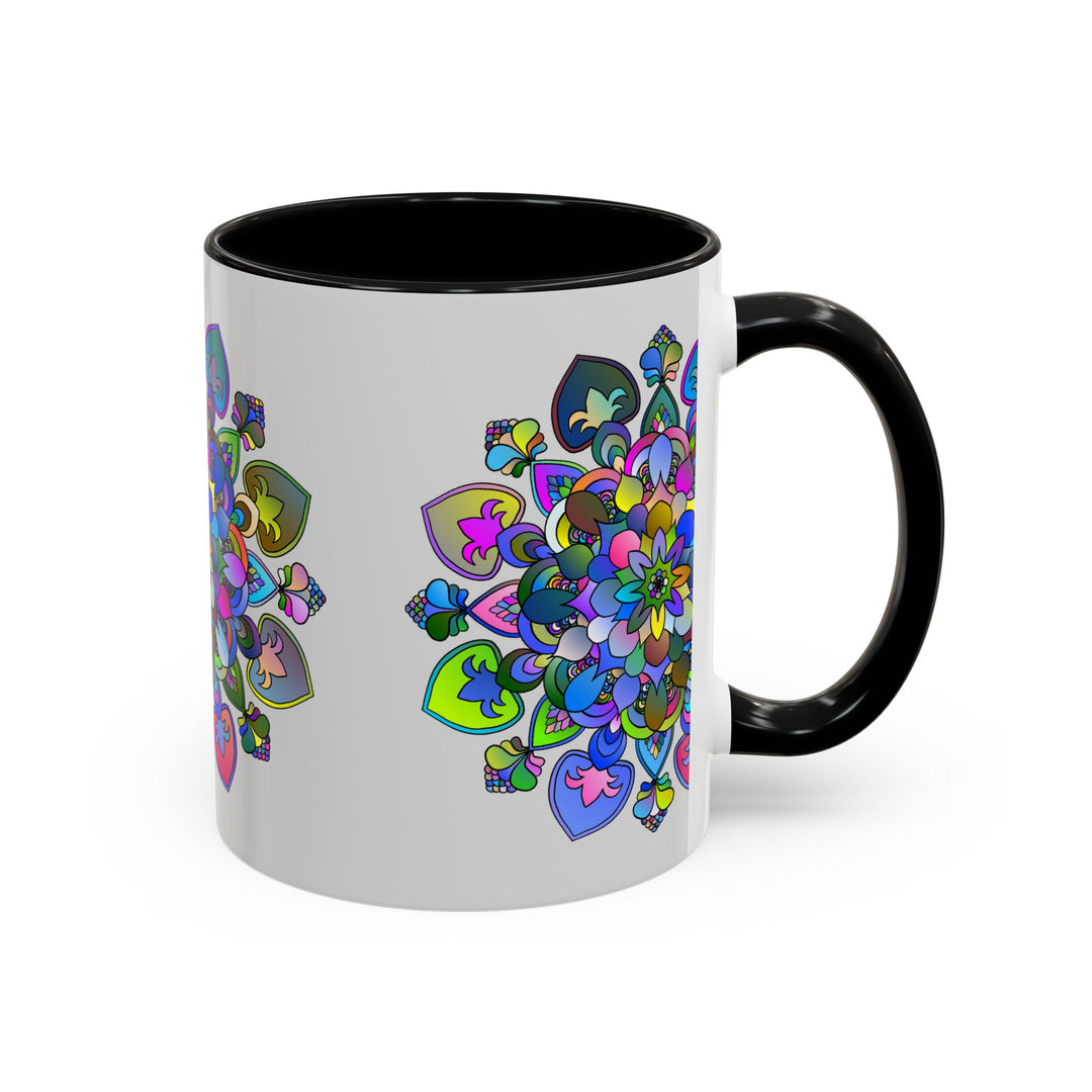 Colorful floral mandala artwork on a stylish grey ceramic mug