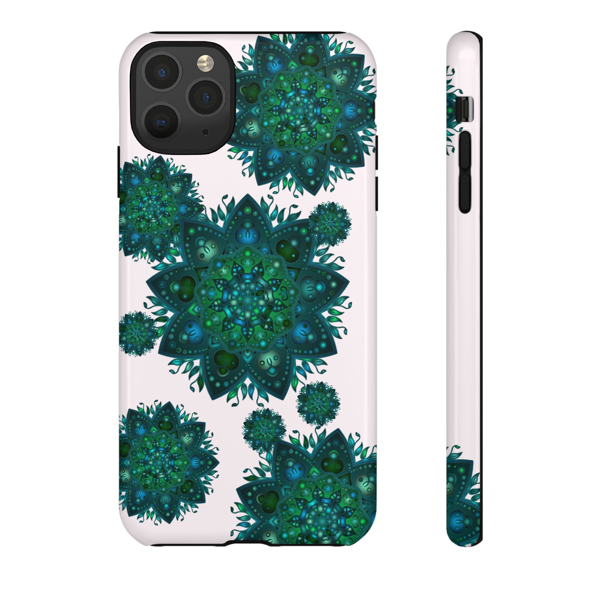 A beautiful light pink and green mandala phone case featuring a peaceful and intricate design