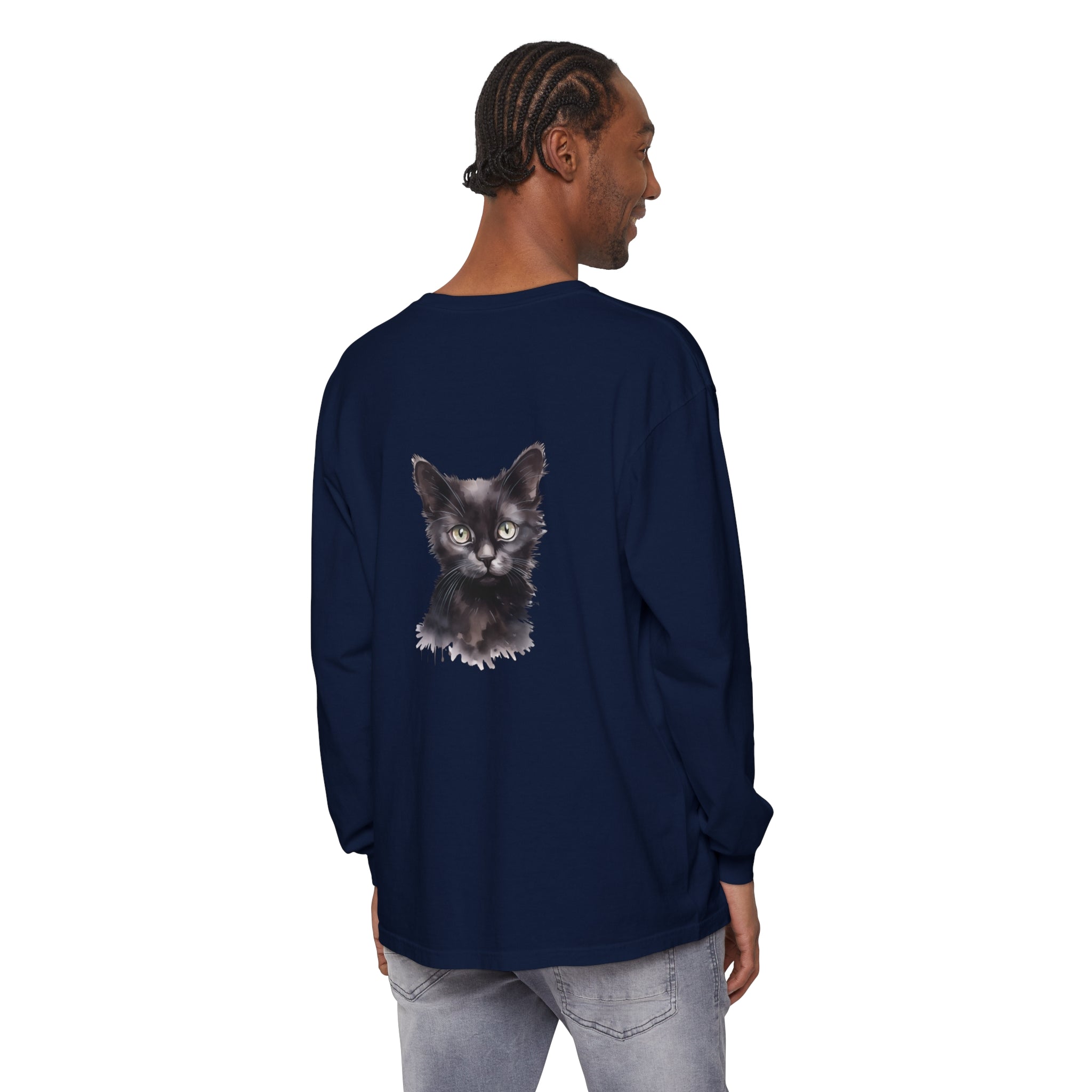 Black Cat Watercolor Long Sleeve T-Shirt with vibrant watercolor cat design