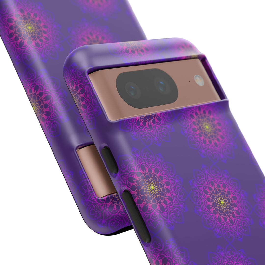 Intricate Purple Floral iPhone Case with Bold Mandala Design