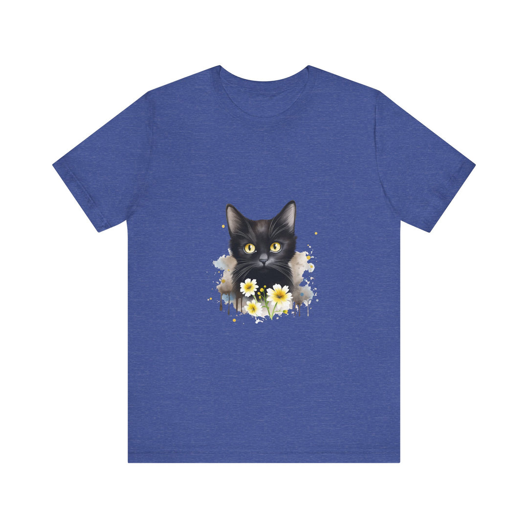 A stylish and comfortable black t-shirt featuring a striking image of a black cat with intense yellow eyes, perfect for cat lovers and fans of unique graphic tees