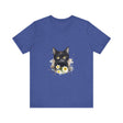 A stylish and comfortable black t-shirt featuring a striking image of a black cat with intense yellow eyes, perfect for cat lovers and fans of unique graphic tees