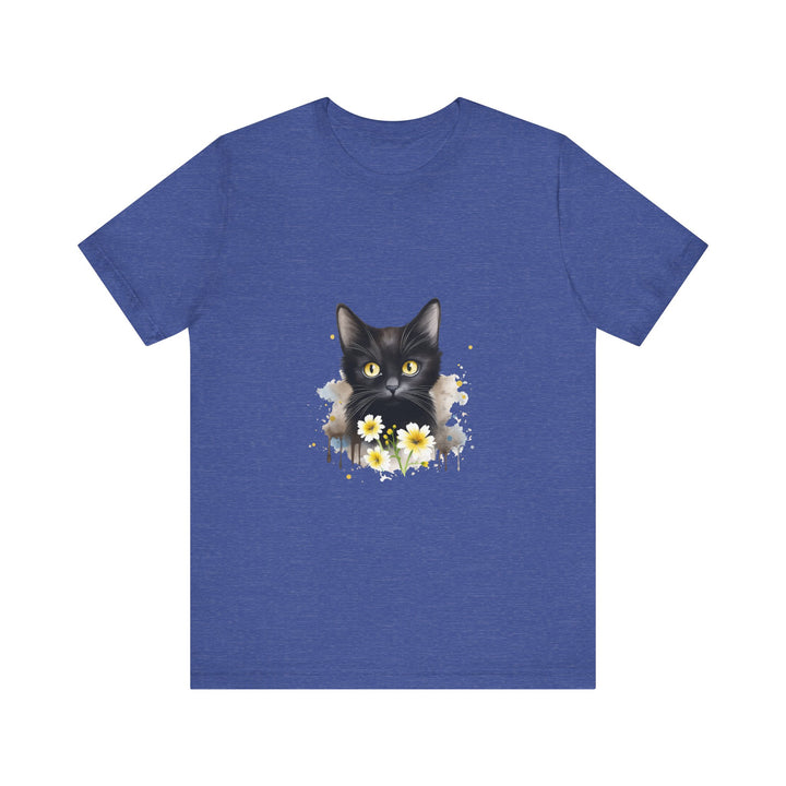 A stylish and comfortable black t-shirt featuring a striking image of a black cat with intense yellow eyes, perfect for cat lovers and fans of unique graphic tees