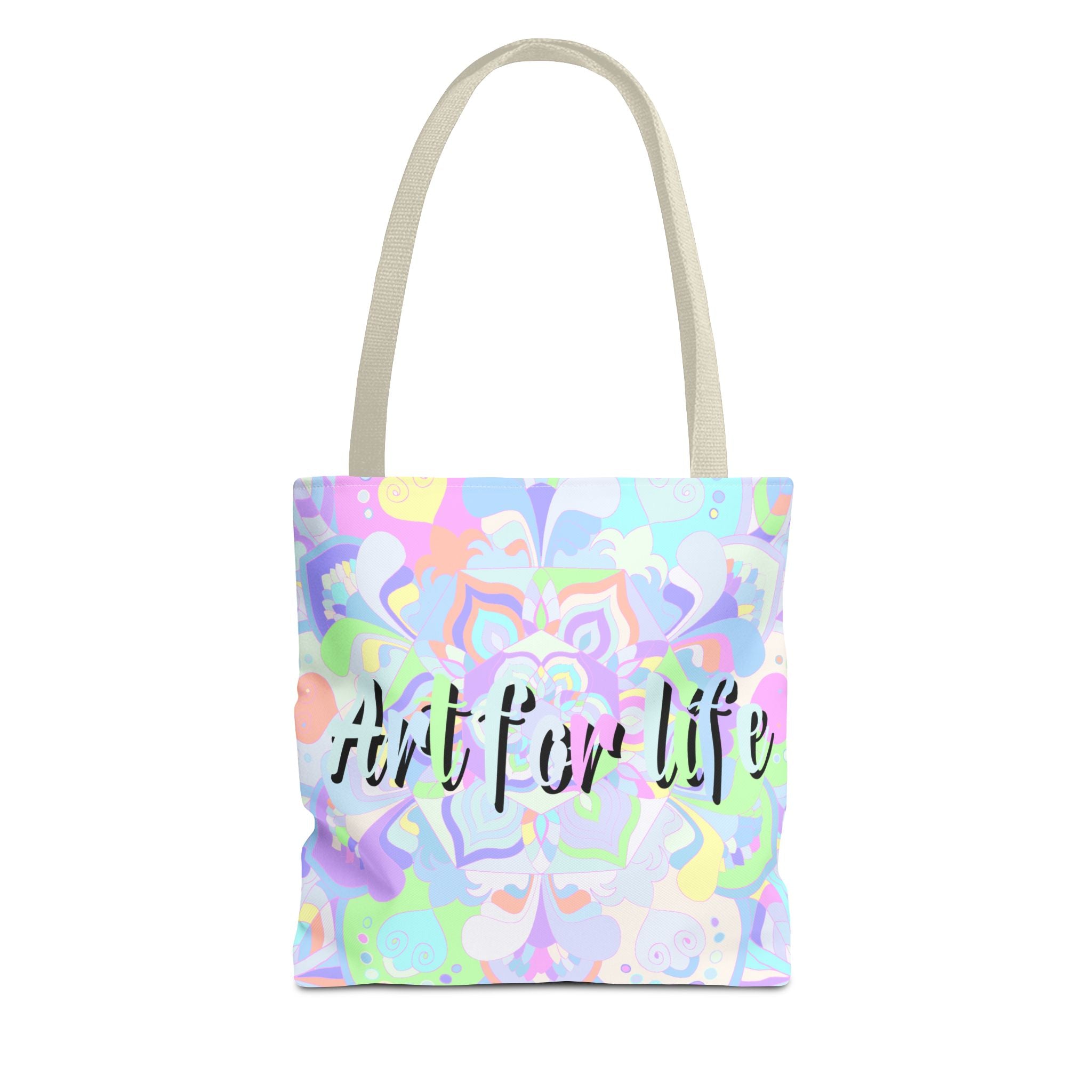 A colorful mandala tote bag with a vibrant design and Art for Life quote, perfect for carrying your belongings with style and positivity