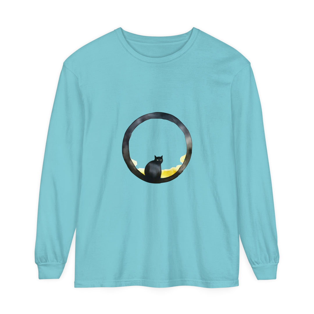 Black Cat Moon Glow Long Sleeve T-Shirt with stunning glowing moon and cat design