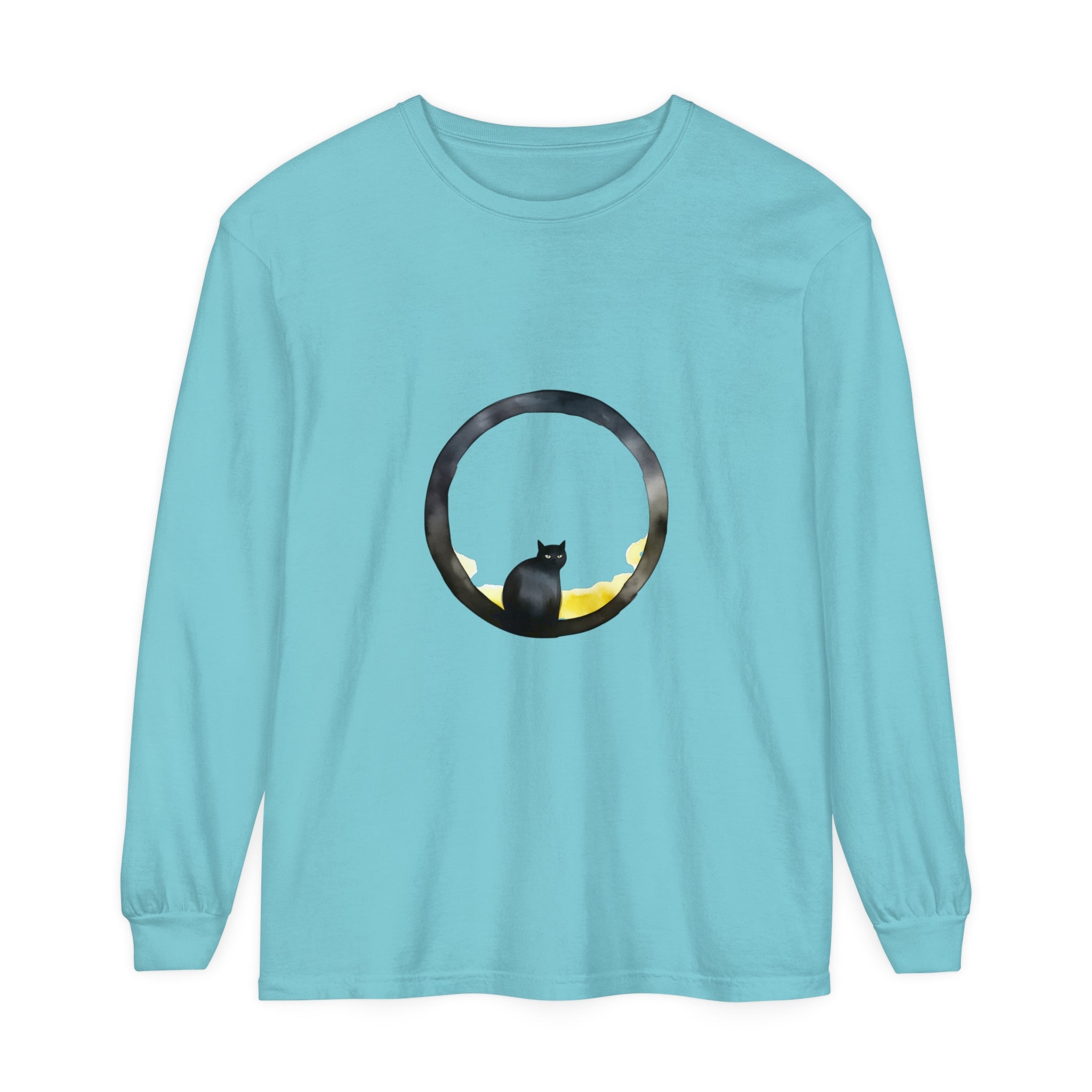 Black Cat Moon Glow Long Sleeve T-Shirt with stunning glowing moon and cat design