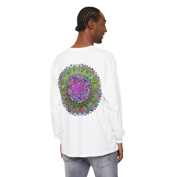 Colorful and intricate mandala design on a unisex long sleeve t-shirt