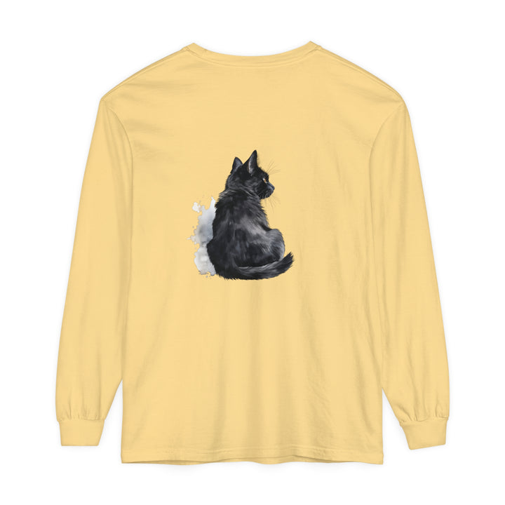 Black Cat Watercolor Unisex Long Sleeve T-Shirt featuring a realistic printed design