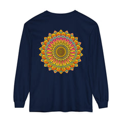 Unisex long sleeve T-shirt with vibrant mandala design in multiple colors