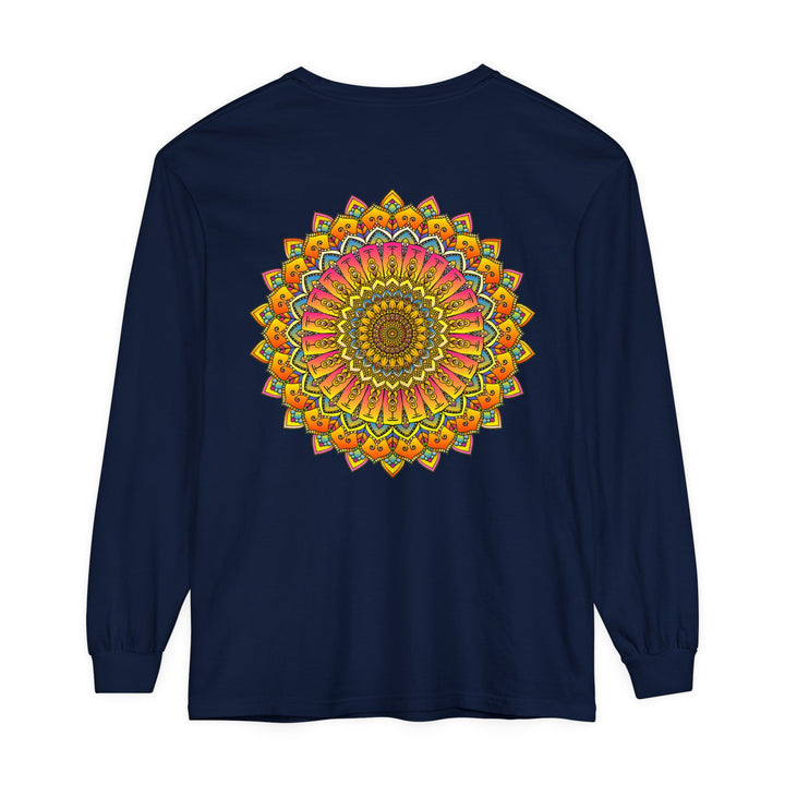 Unisex long sleeve T-shirt with vibrant mandala design in multiple colors