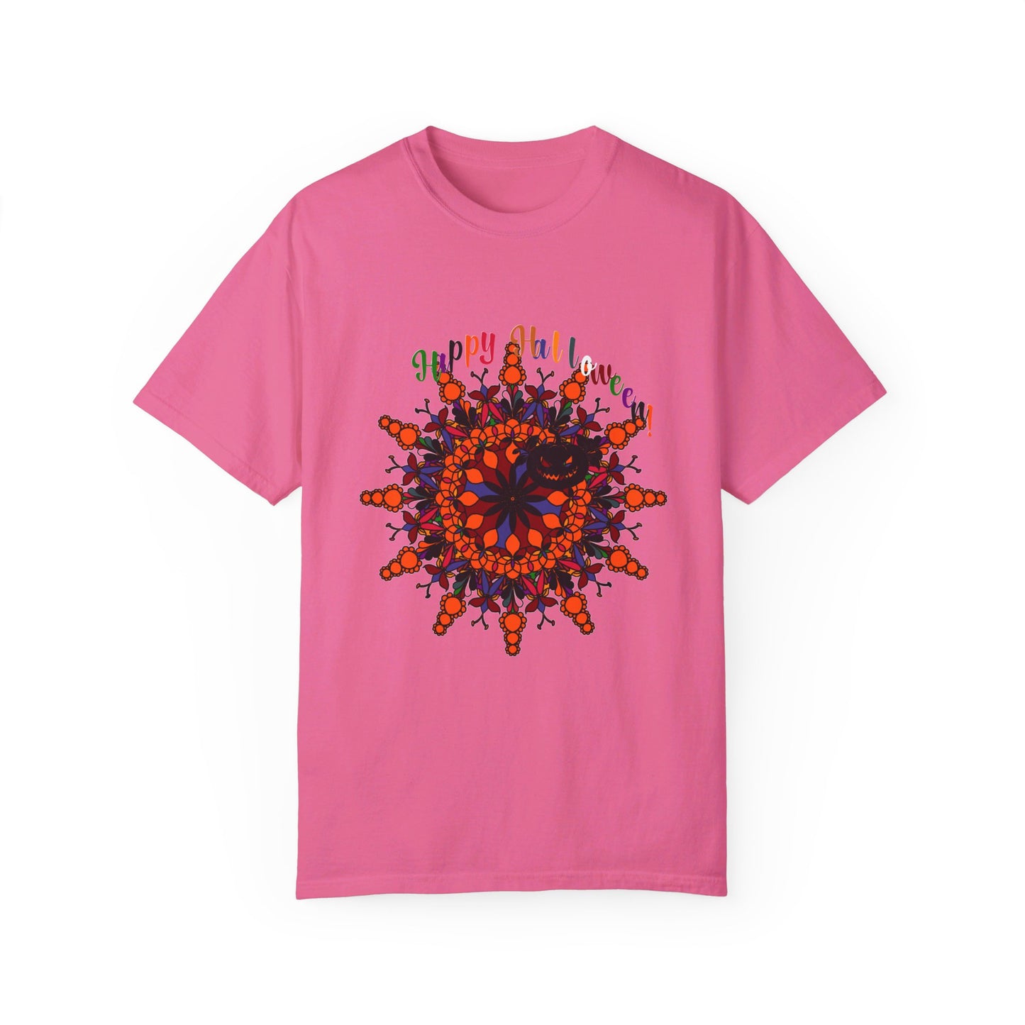 Unisex Halloween Mandala T-shirt featuring handmade pumpkin mandala art on a garment-dyed tee