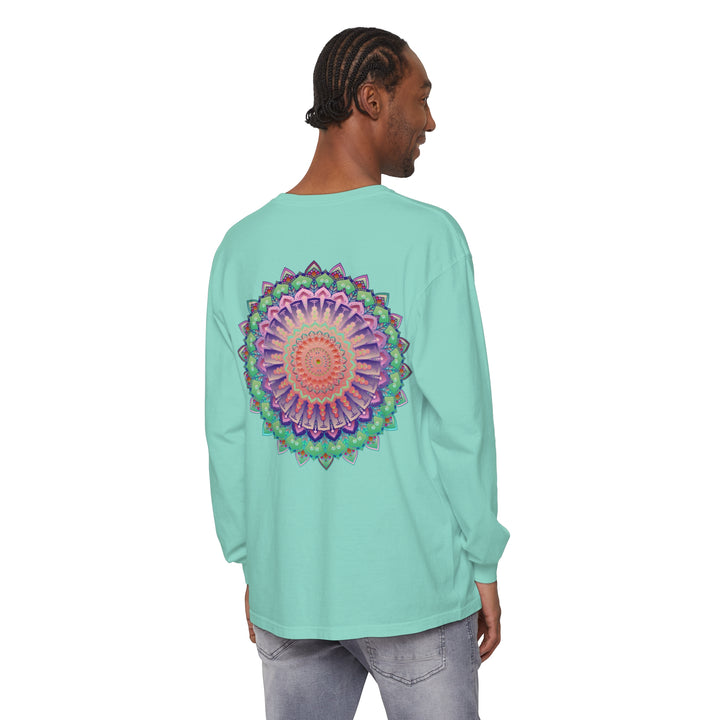 Colorful mandala design on a unisex long sleeve t-shirt