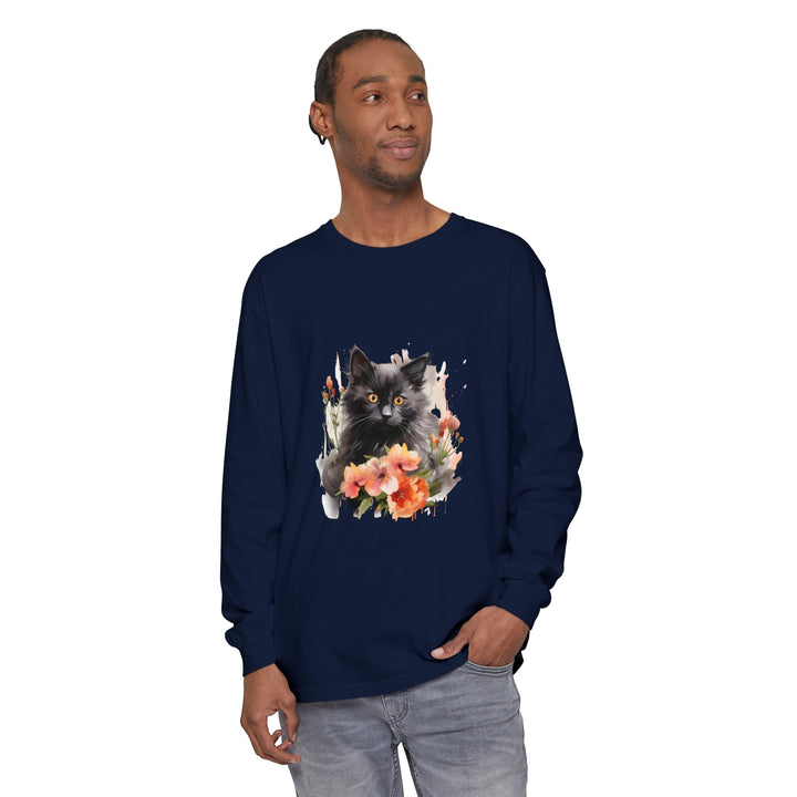 Beautiful black cat and vibrant flowers watercolor design on t-shirt