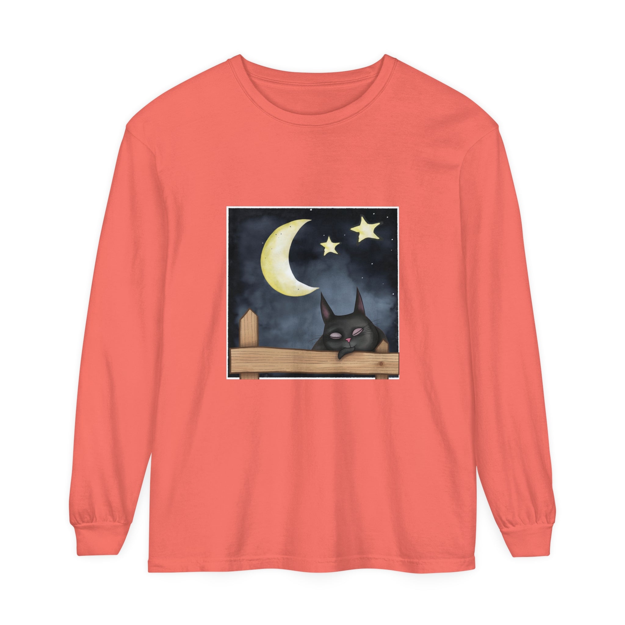 Sleepy Cat Night Sky T-Shirt with cute cat design and starry night background