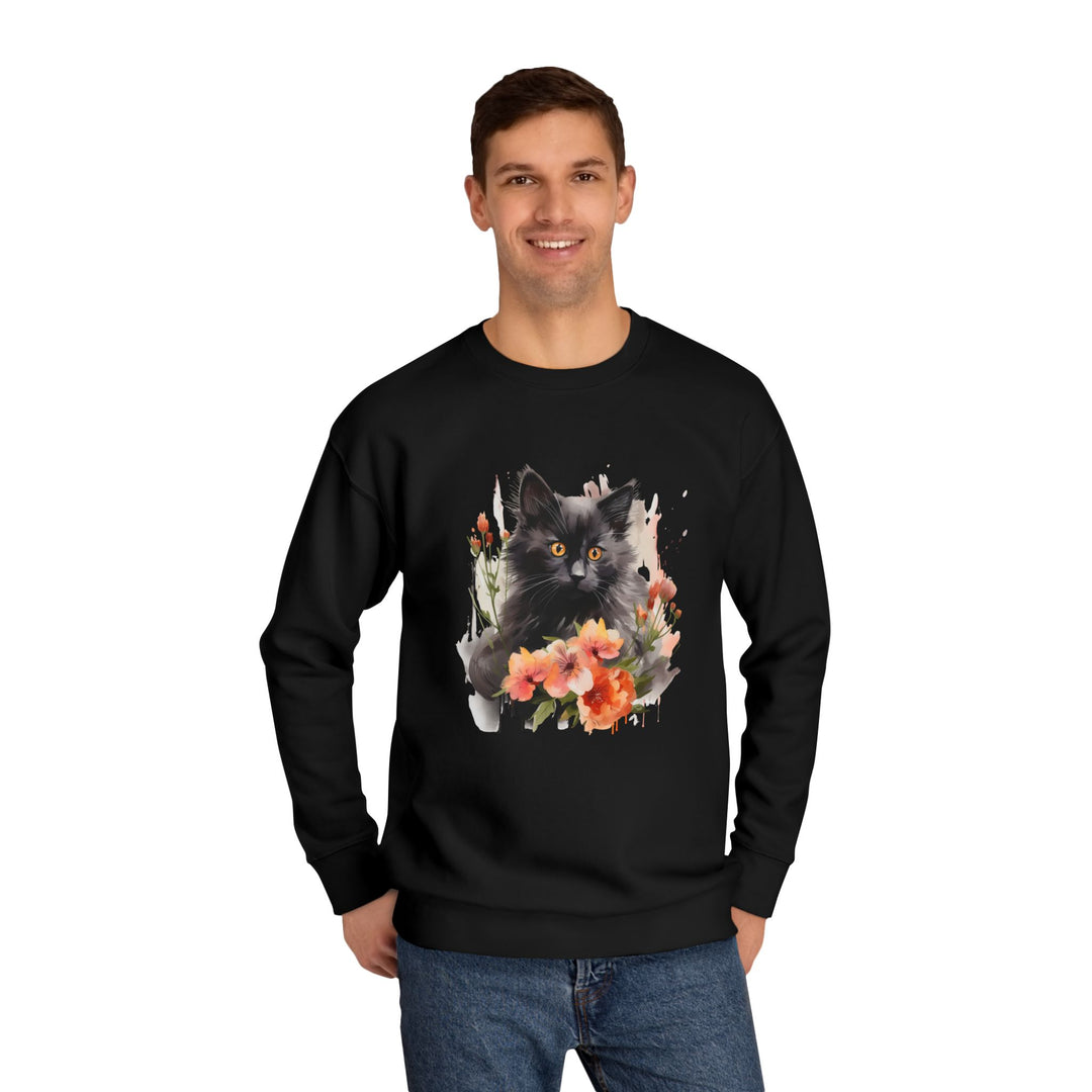 Black Cat and Blossoming Flowers Soft Cotton Sweatshirt