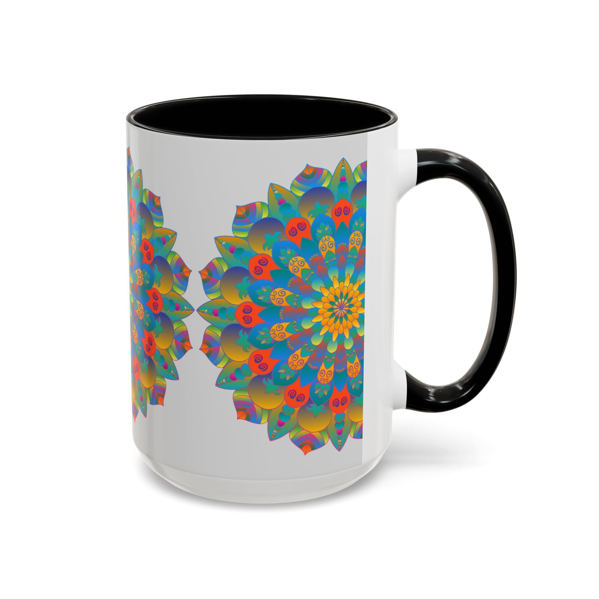 Beautiful mandala art mug featuring vibrant yellow, orange, and blue colors